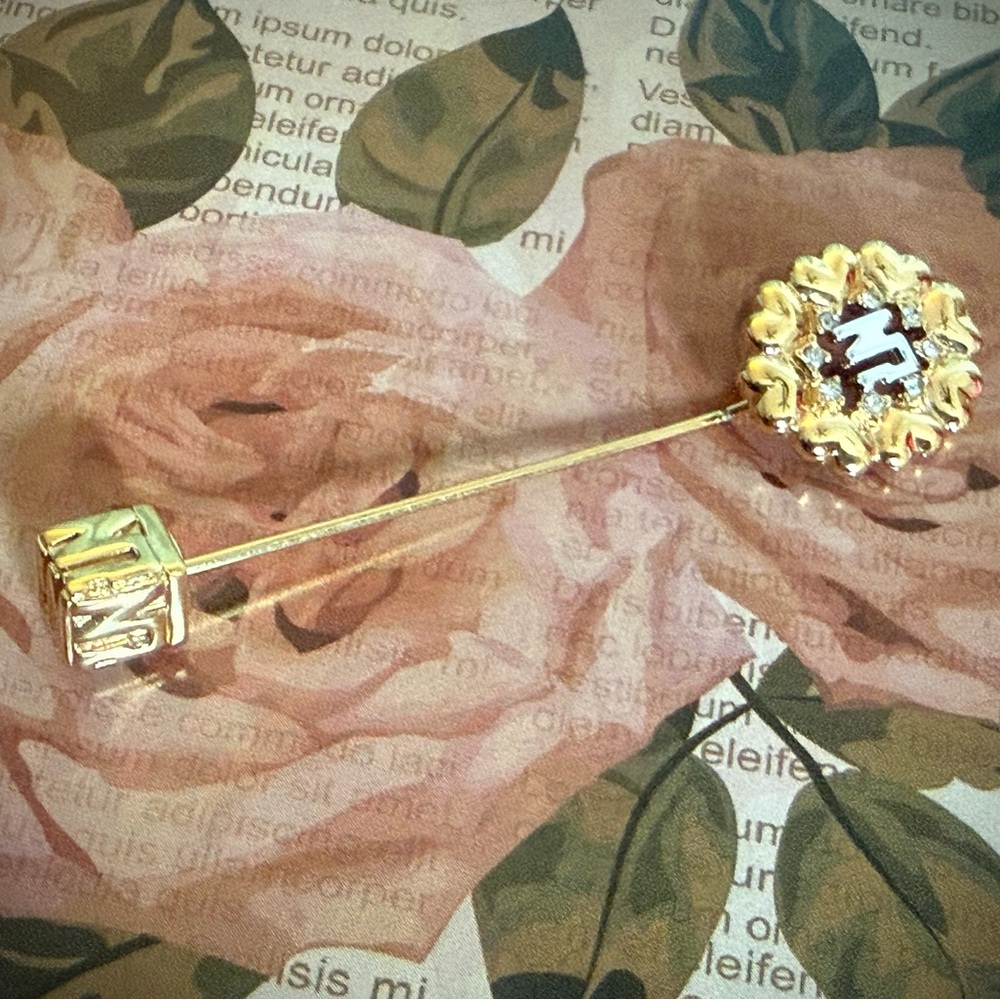 Nina Ricci Gold and White Logo Floral Stick Brooch
